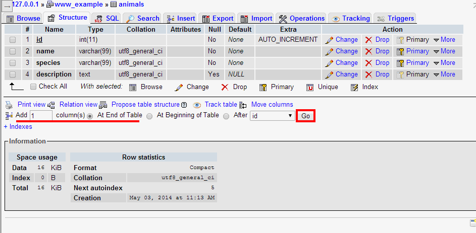 phpMyAdmin Structure