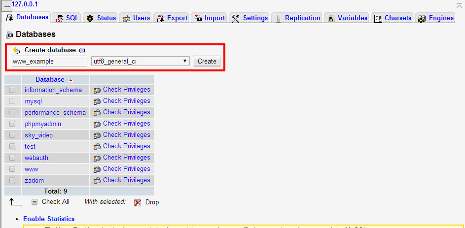 phpMyAdmin Create DB