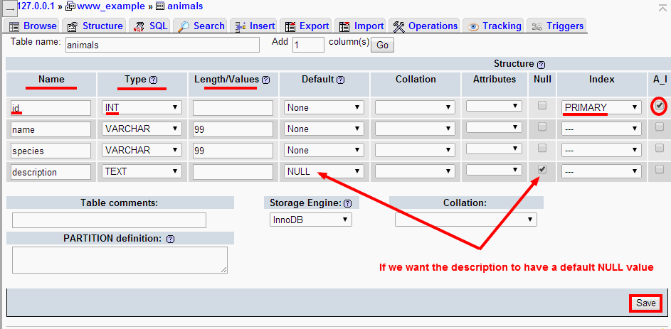 phpMyAdmin Create Table